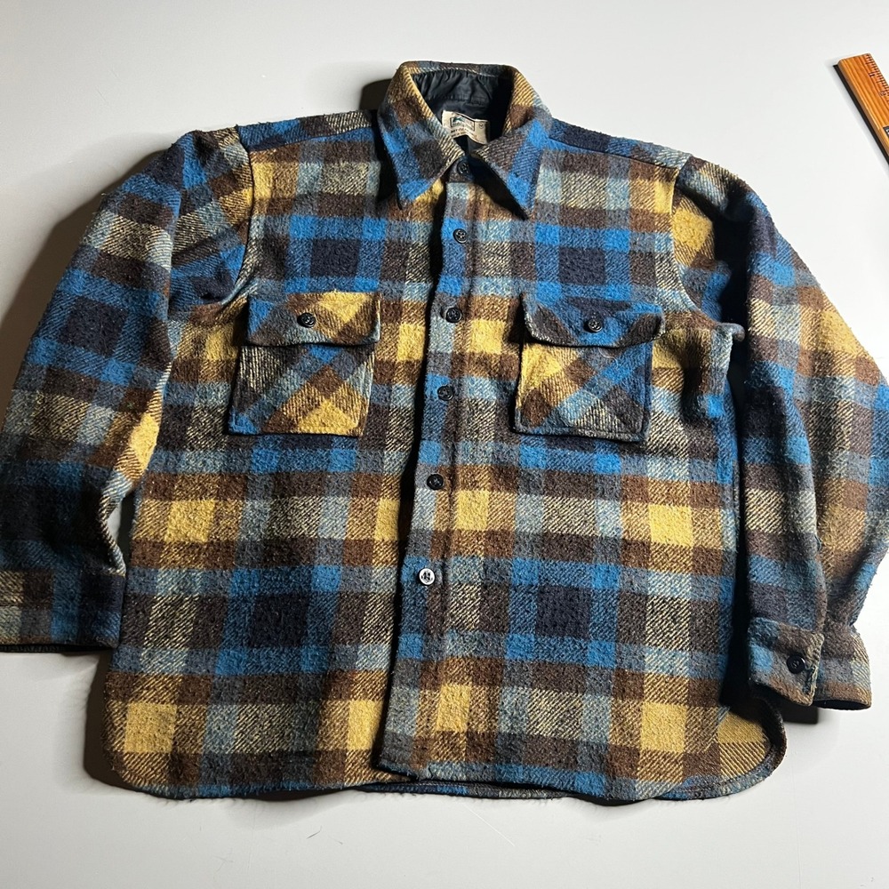 Vintage 70s Kmart Plaid Flannel Shirt Jacket Blue Yellow Brown Anchor Buttons M